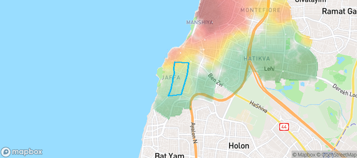 מפת חום של מחירי הנדל"ן בשכונת צהלון ושיכוני חסכון, תל אביב - יפו — אזורים יקרים בגווני חם, אזורים זולים בגווני קר