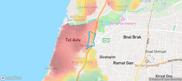 מפת חום של מחירי הנדל"ן בשכונת צמרות איילון, תל אביב - יפו — אזורים יקרים בגווני חם, אזורים זולים בגווני קר
