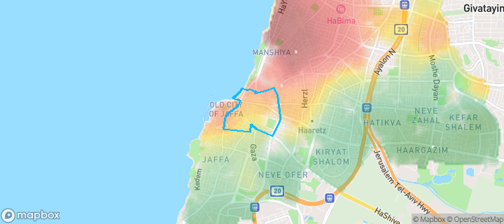 מפת חום של מחירי הנדל"ן בשכונת צפון יפו, תל אביב - יפו — אזורים יקרים בגווני חם, אזורים זולים בגווני קר