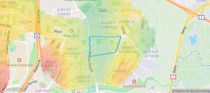 מפת חום של מחירי הנדל"ן בשכונת רביבים, תל אביב - יפו — אזורים יקרים בגווני חם, אזורים זולים בגווני קר