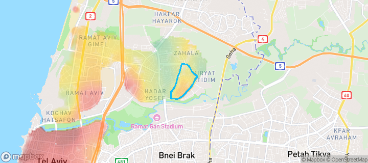 מפת חום של מחירי הנדל"ן בשכונת רמת החייל, תל אביב - יפו — אזורים יקרים בגווני חם, אזורים זולים בגווני קר