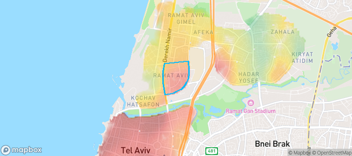 מפת חום של מחירי הנדל"ן בשכונת רמת-אביב, תל אביב - יפו — אזורים יקרים בגווני חם, אזורים זולים בגווני קר
