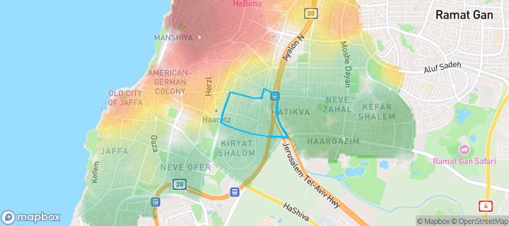 מפת חום של מחירי הנדל"ן בשכונת שפירא, תל אביב - יפו — אזורים יקרים בגווני חם, אזורים זולים בגווני קר