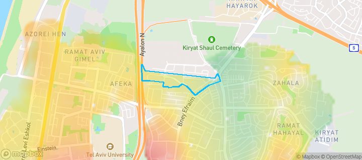 מפת חום של מחירי הנדל"ן בשכונת תל ברוך צפון, תל אביב - יפו — אזורים יקרים בגווני חם, אזורים זולים בגווני קר